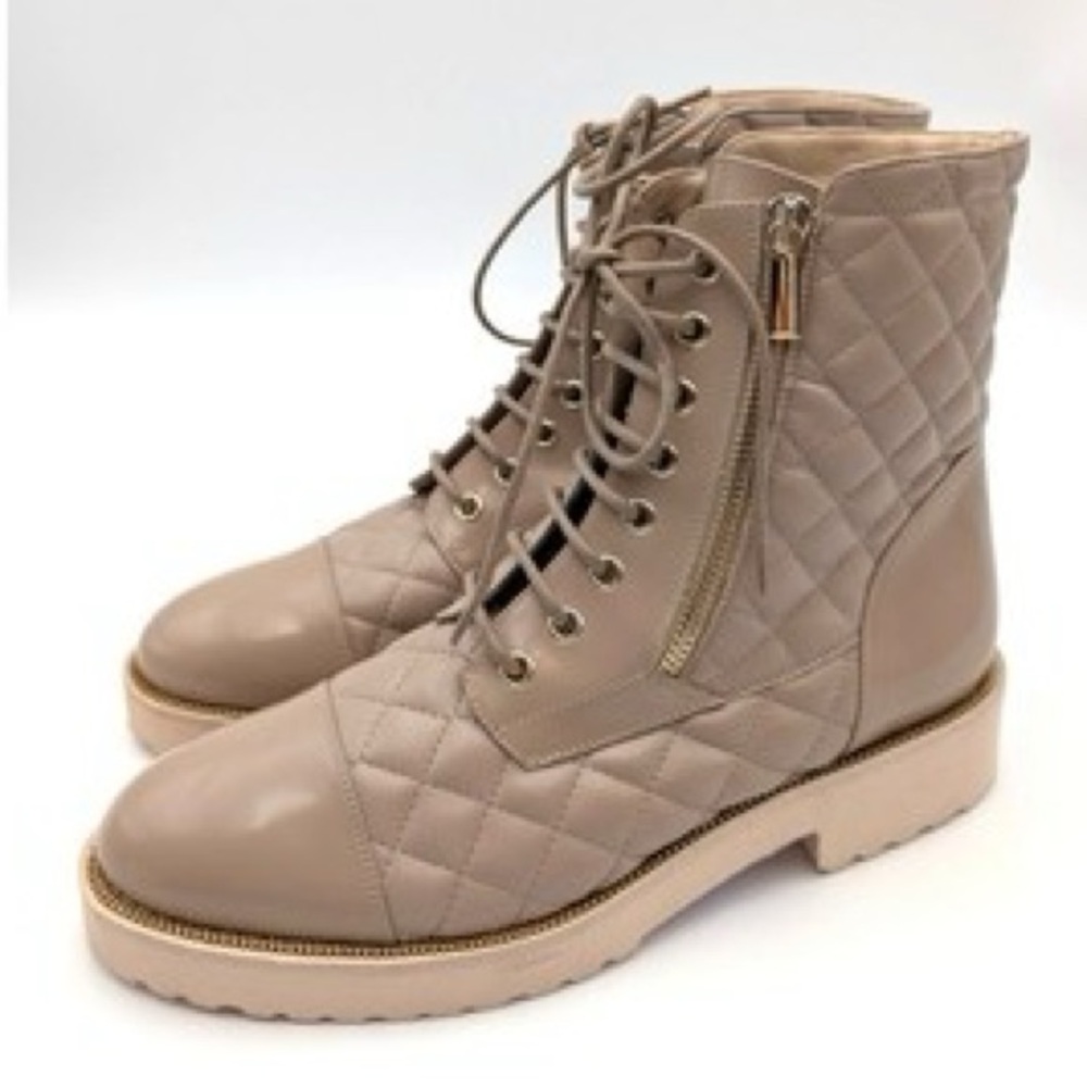 RON WHITE TIFFANY COMBAT Quilted Lace-Up Ankle Boots - Tan size 38 women H1N13